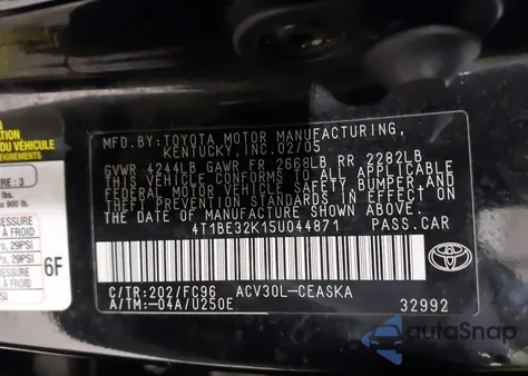 2005 Toyota Camry Se из США, поврежденный, VIN 4T1BE32K15U044871